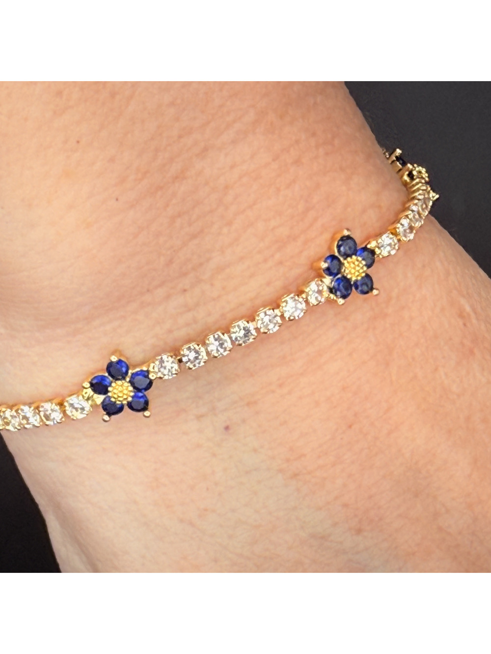 candy+clover delicate blue crystal flower tennis gold tone tennis bracelet
